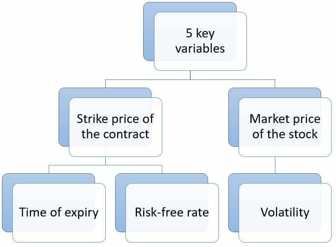 The Black Scholes model uses the 5 key variables to arrive at the fair price of the option contract, such as: